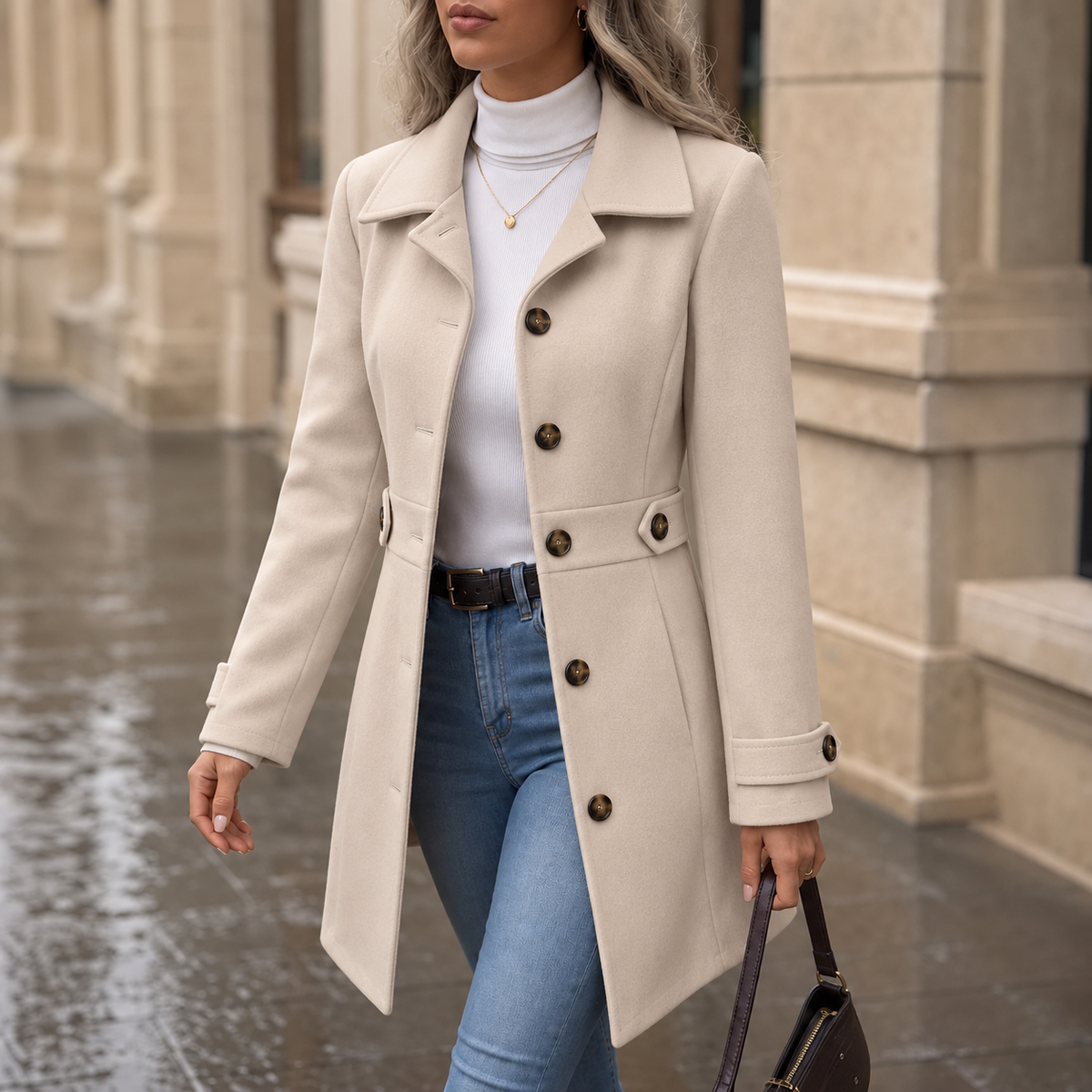 Women's tailored belted trench coat with lapels, buttons and long sleeves