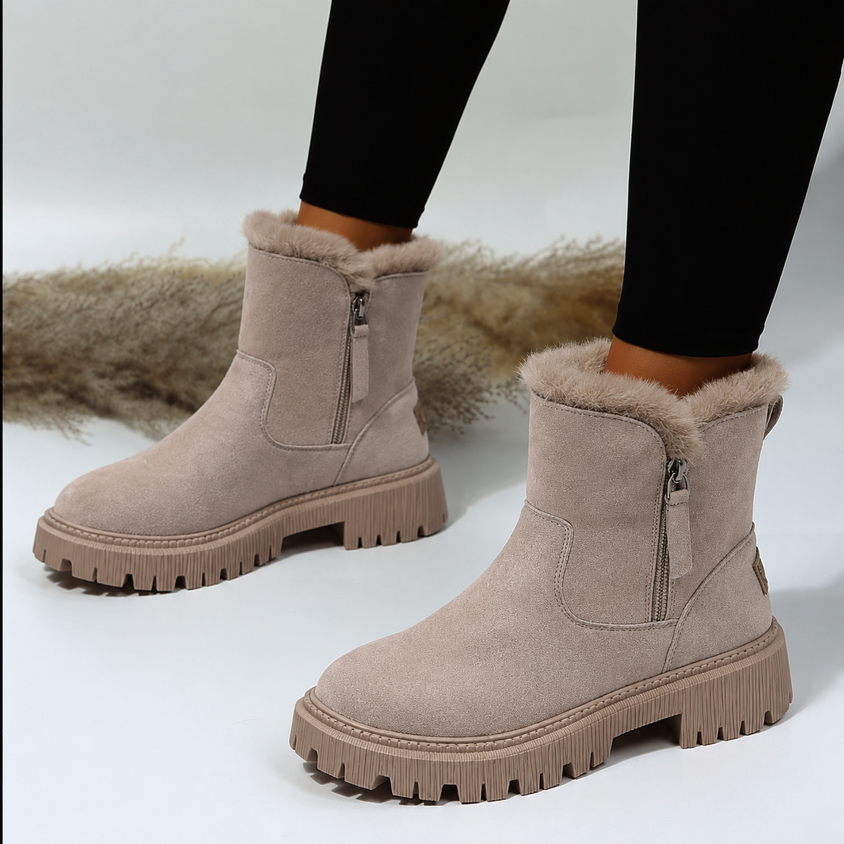 Women's fur-lined ankle boots with side zips and chunky lug soles