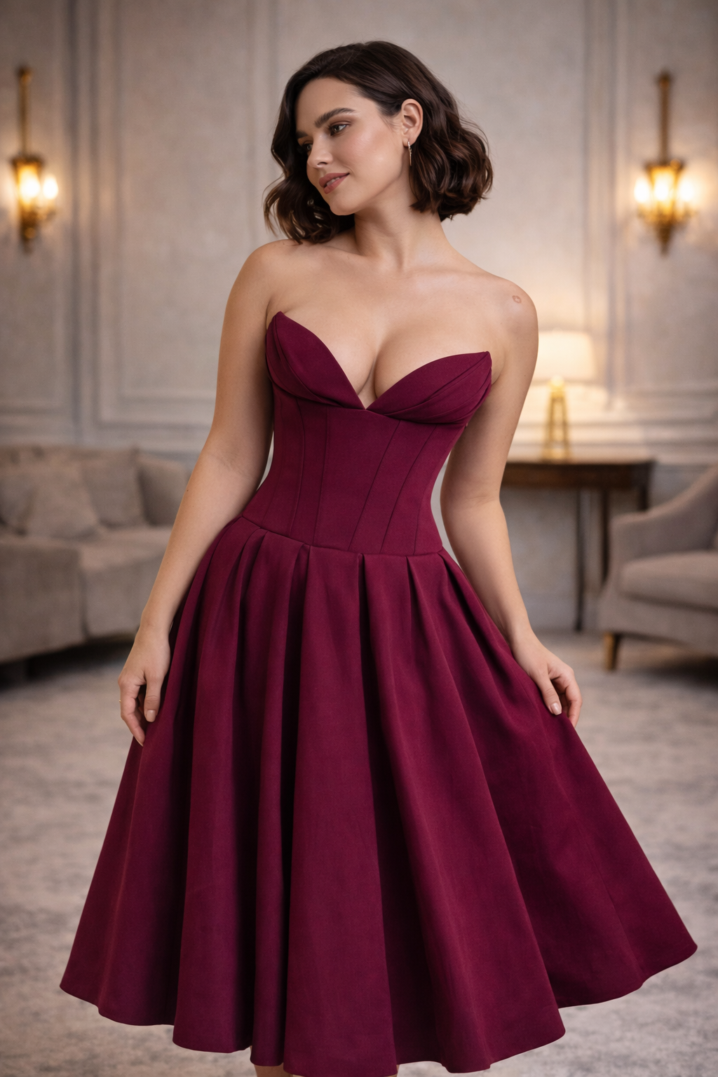 Women's Burgundy Corset Dress Midi