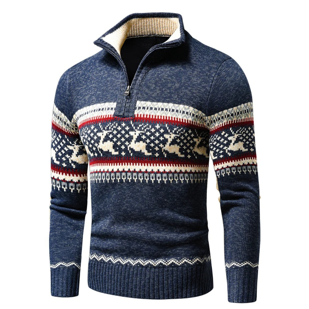 Men's long-sleeved Fair Isle half-zip jumper with mock neck and ribbed trims