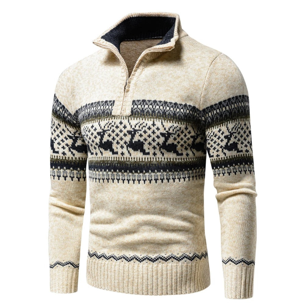 Men's long-sleeved Fair Isle half-zip jumper with mock neck and ribbed trims