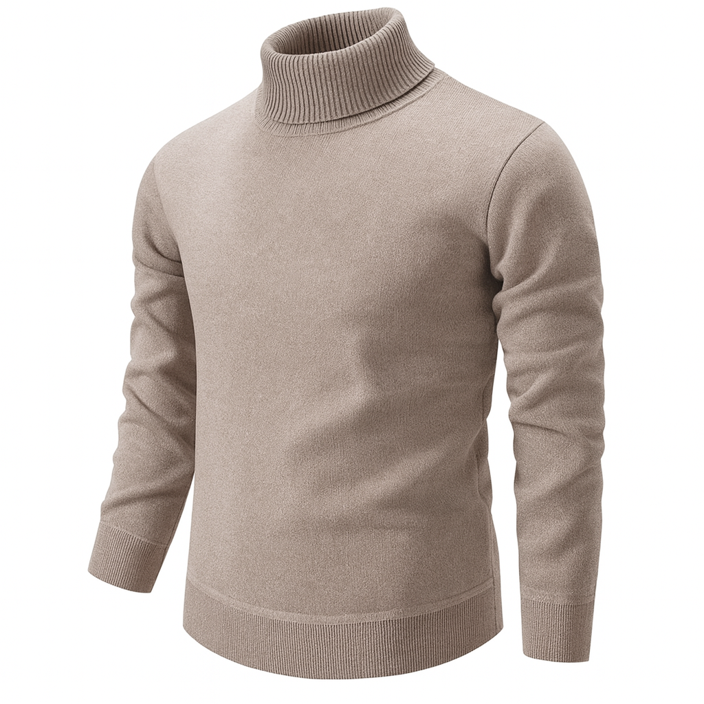 Men's plain long-sleeve turtleneck sweater with ribbed collar, cuffs and hem