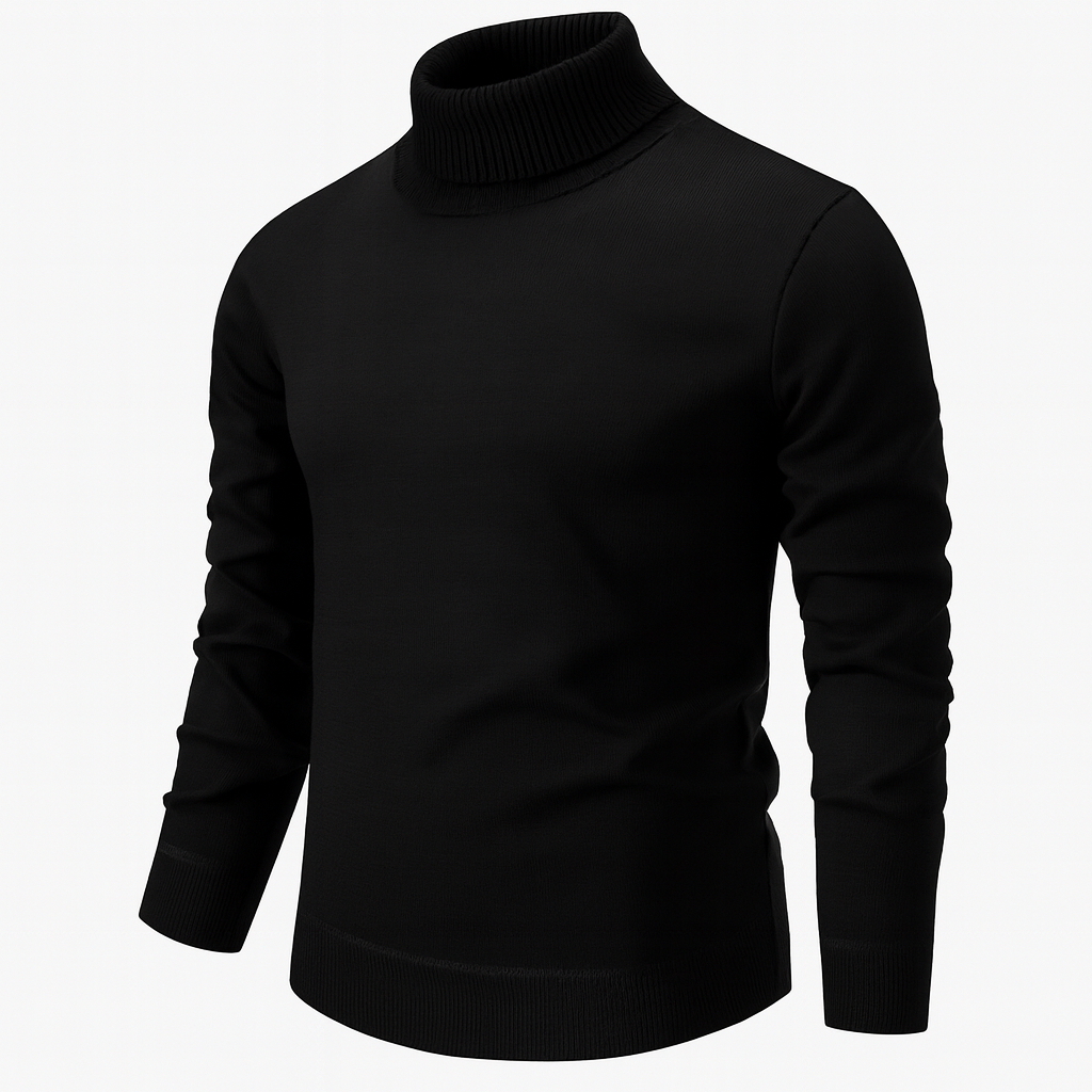 Men's plain long-sleeve turtleneck sweater with ribbed collar, cuffs and hem