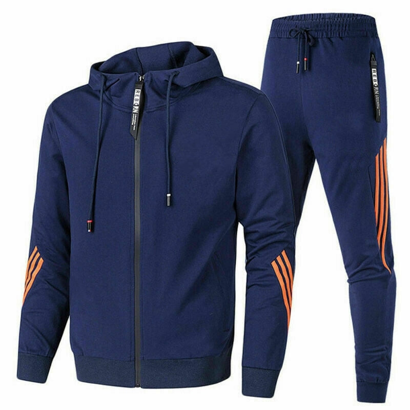 Men's hooded zip tracksuit set with drawstring jogger trousers and contrasting stripes