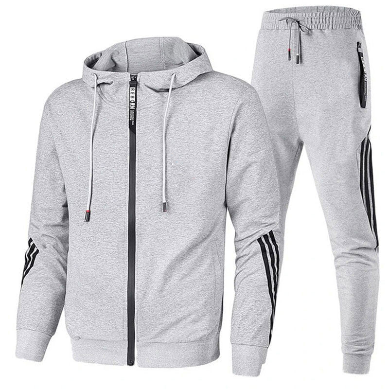 Men's hooded zip tracksuit set with drawstring jogger trousers and contrasting stripes