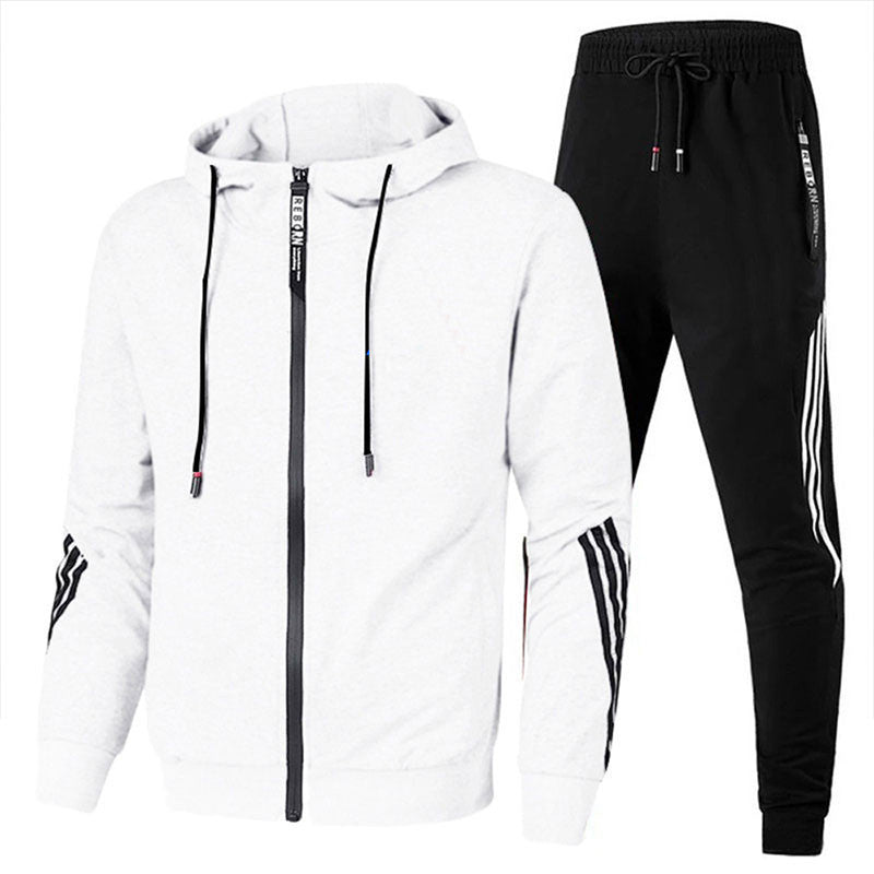 Men's hooded zip tracksuit set with drawstring jogger trousers and contrasting stripes