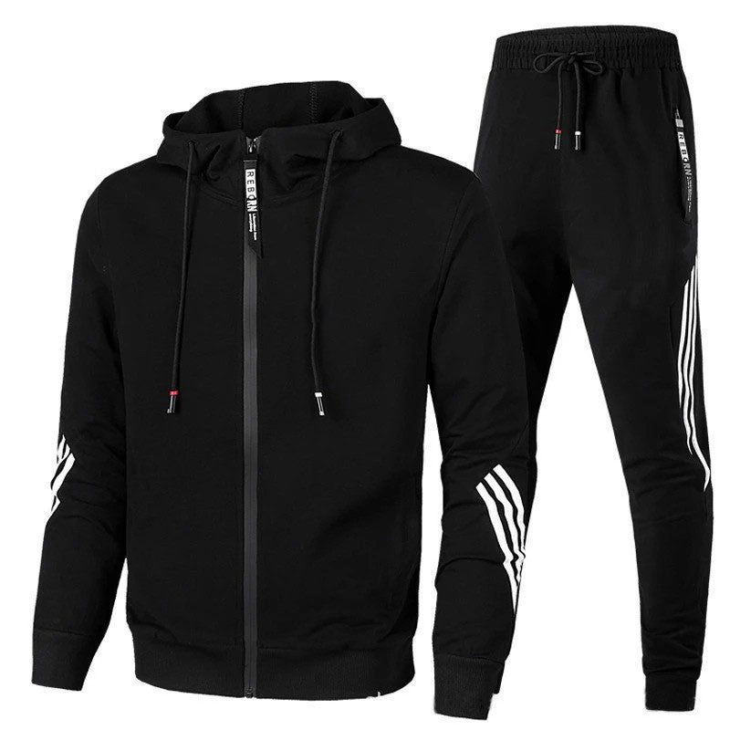 Men's hooded zip tracksuit set with drawstring jogger trousers and contrasting stripes