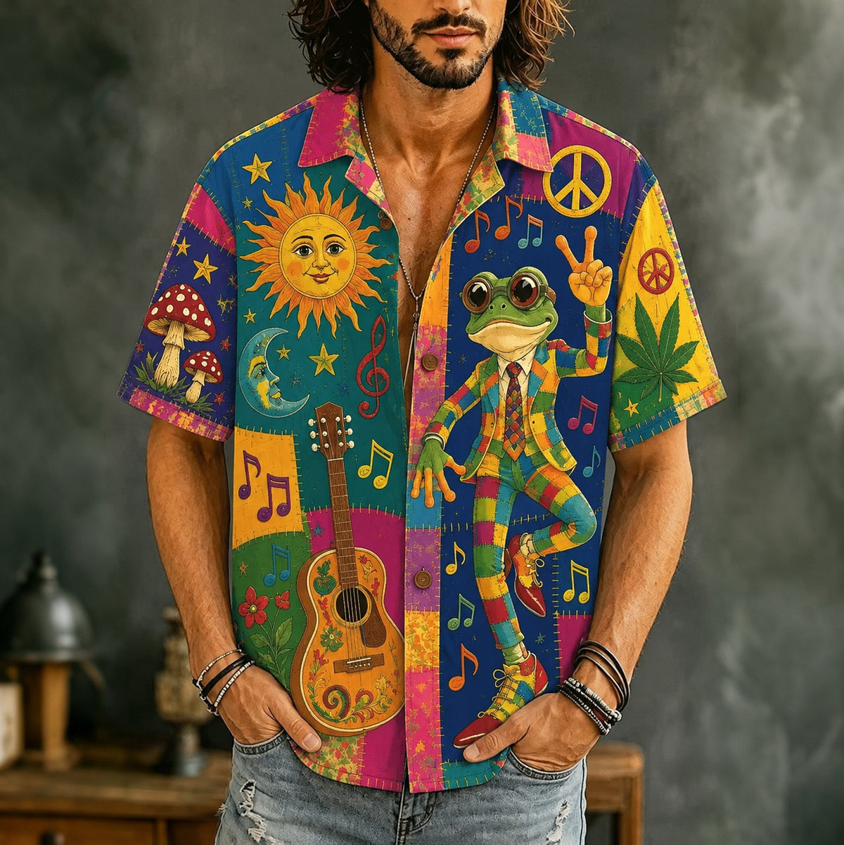 Men's short-sleeve patchwork shirt with frog, guitar, sun, moon and music illustrations