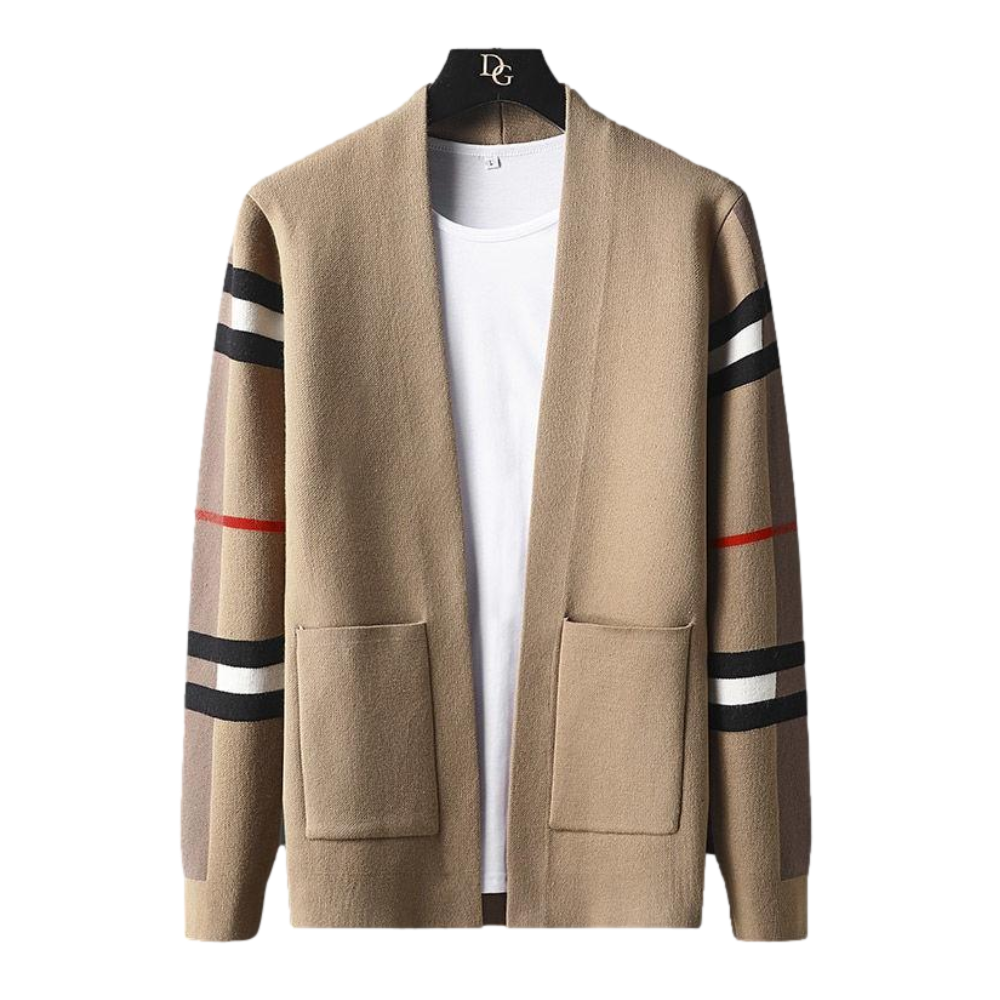 Men's open-front cardigan with striped contrast sleeves and front patch pockets