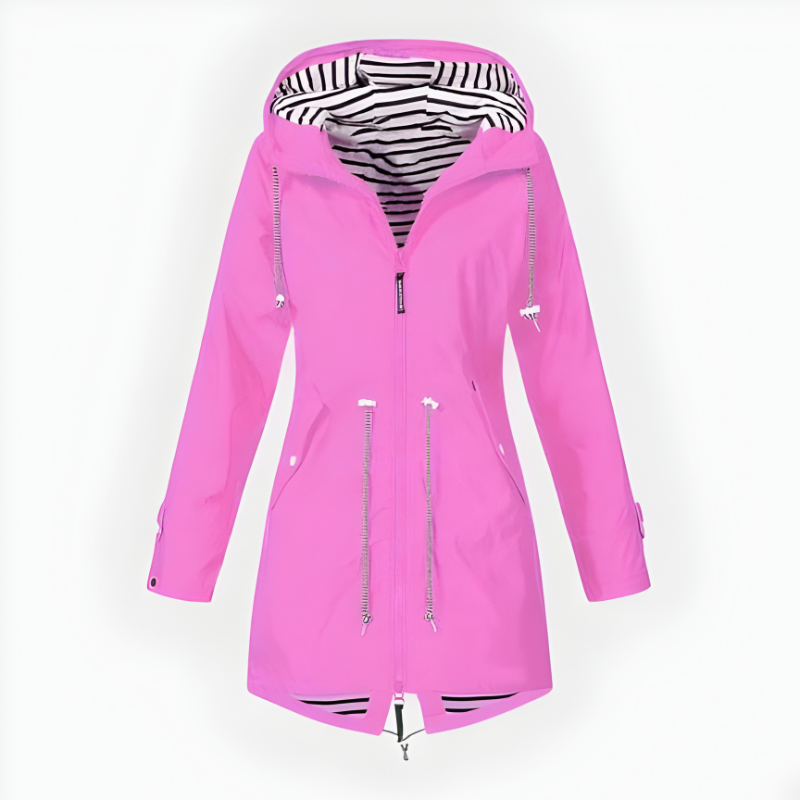 Women's long hooded rain jacket with striped lining, front zip and zipped pockets