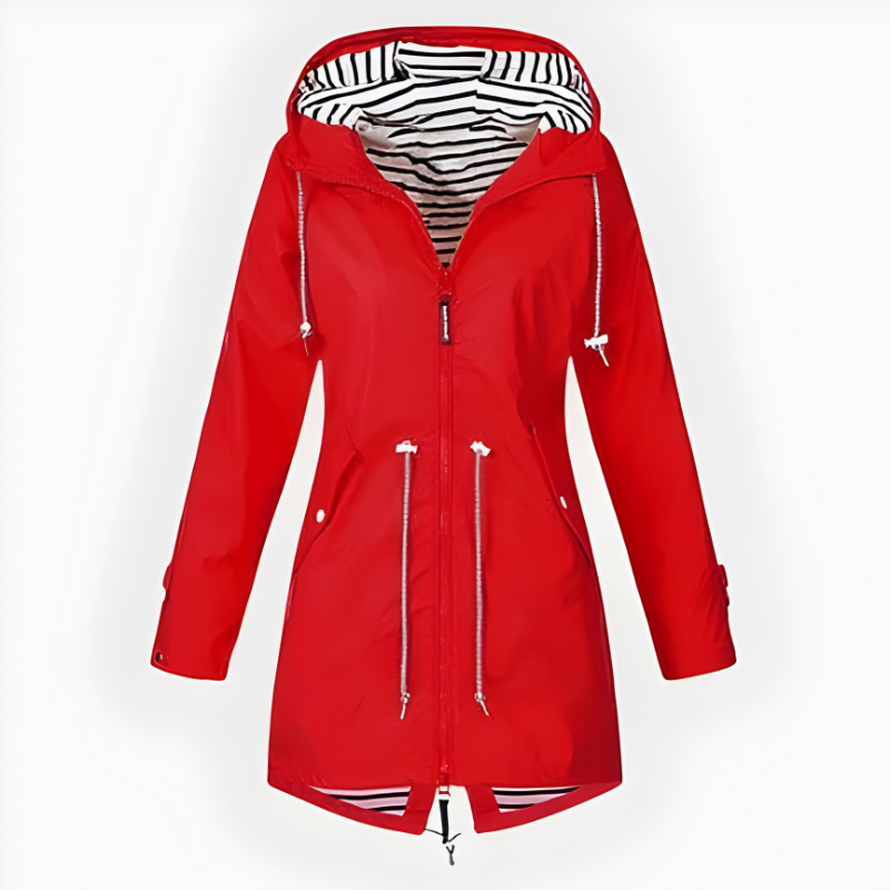 Women's long hooded rain jacket with striped lining, front zip and zipped pockets