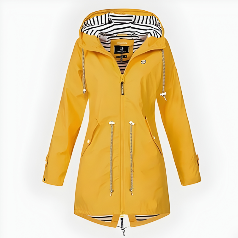 Women's long hooded rain jacket with striped lining, front zip and zipped pockets