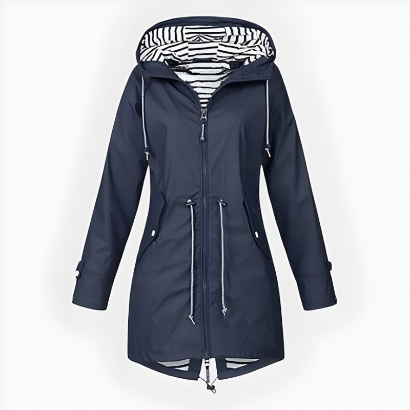 Women's long hooded rain jacket with striped lining, front zip and zipped pockets