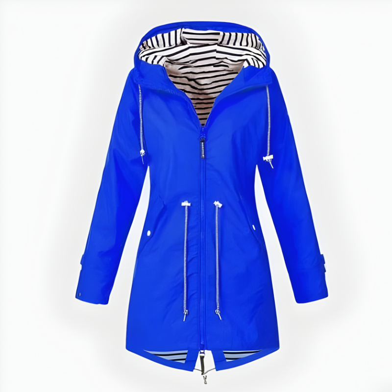 Women's long hooded rain jacket with striped lining, front zip and zipped pockets
