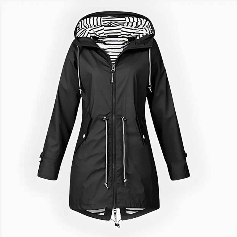 Women's long hooded rain jacket with striped lining, front zip and zipped pockets