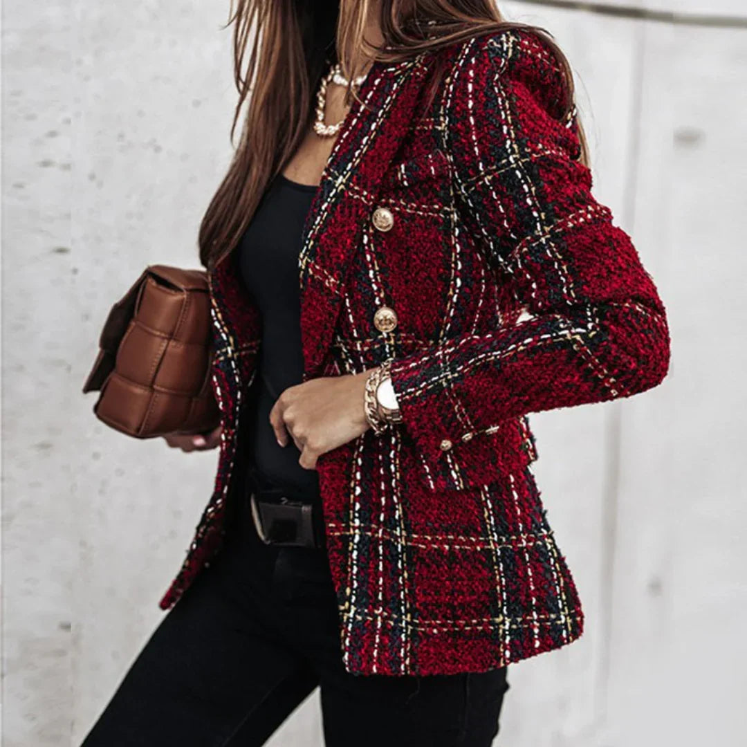 Women's checked double-breasted blazer with long sleeves and gold-tone buttons