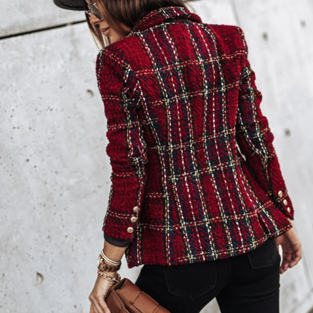 Women's checked double-breasted blazer with long sleeves and gold-tone buttons