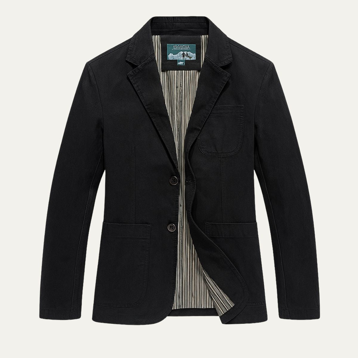 Men's plain blazer style jacket with notched lapels, long sleeves and patch pockets