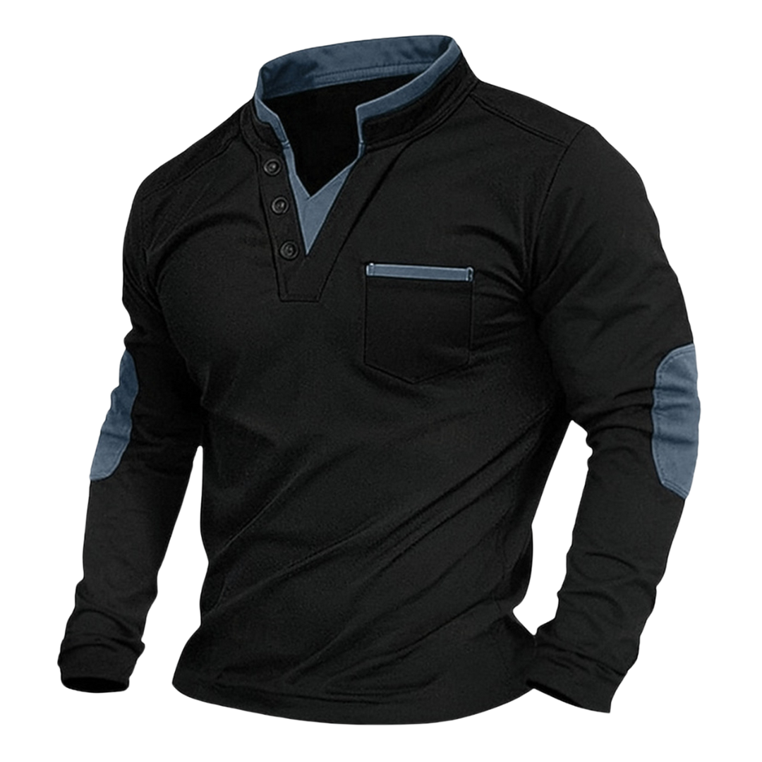 Men's long-sleeved V-neck sweatshirt with chest pocket and contrast elbow panels