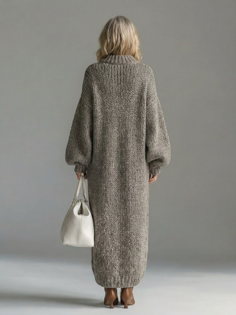 Women's ribbed knit maxi dress with crew neckline and balloon sleeves