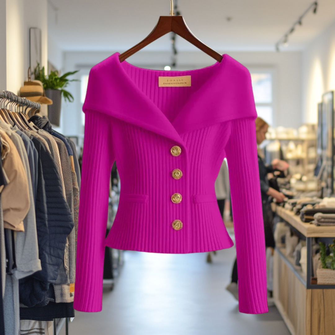 Ribbed women's cardigan with shawl collar, long sleeves and button front