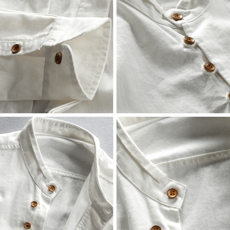 Men's long-sleeved Japanese style shirt with mandarin collar and asymmetric button front