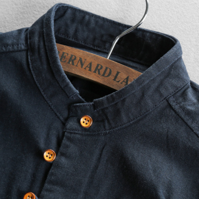 Men's long-sleeved Japanese style shirt with mandarin collar and asymmetric button front