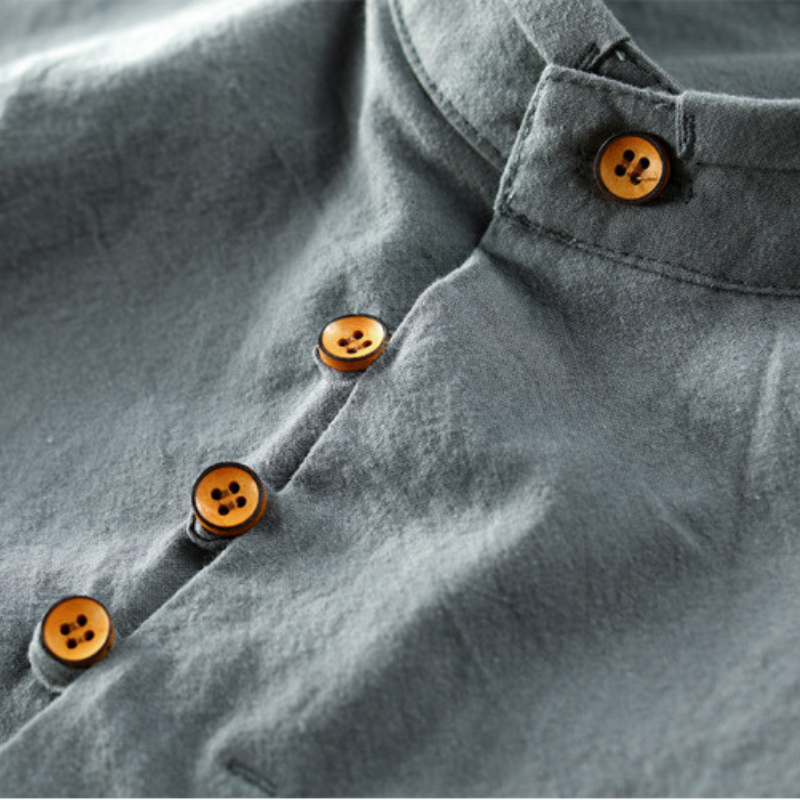 Men's long-sleeved Japanese style shirt with mandarin collar and asymmetric button front