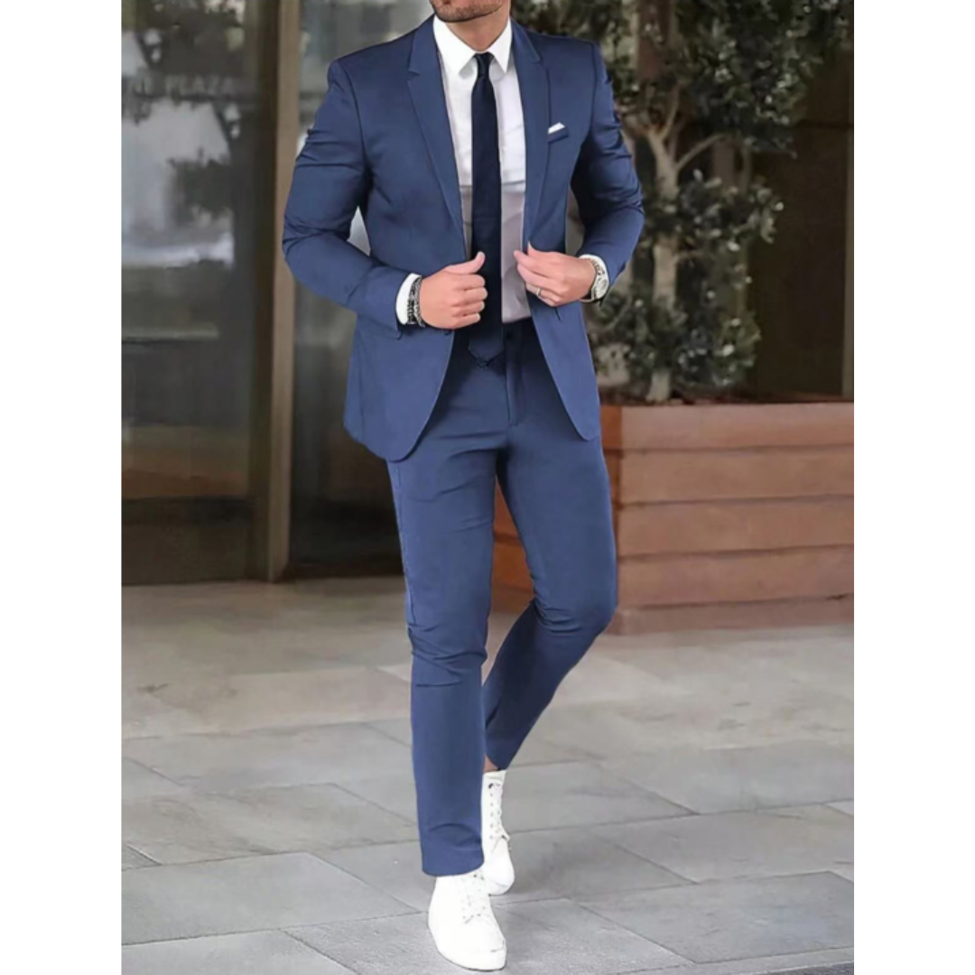 Men's two-piece suit with tailored button jacket and slim trousers