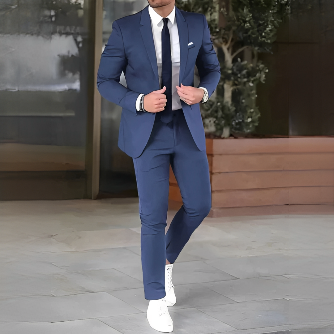 Men's two-piece suit with notch-lapel blazer, tie and matching trousers