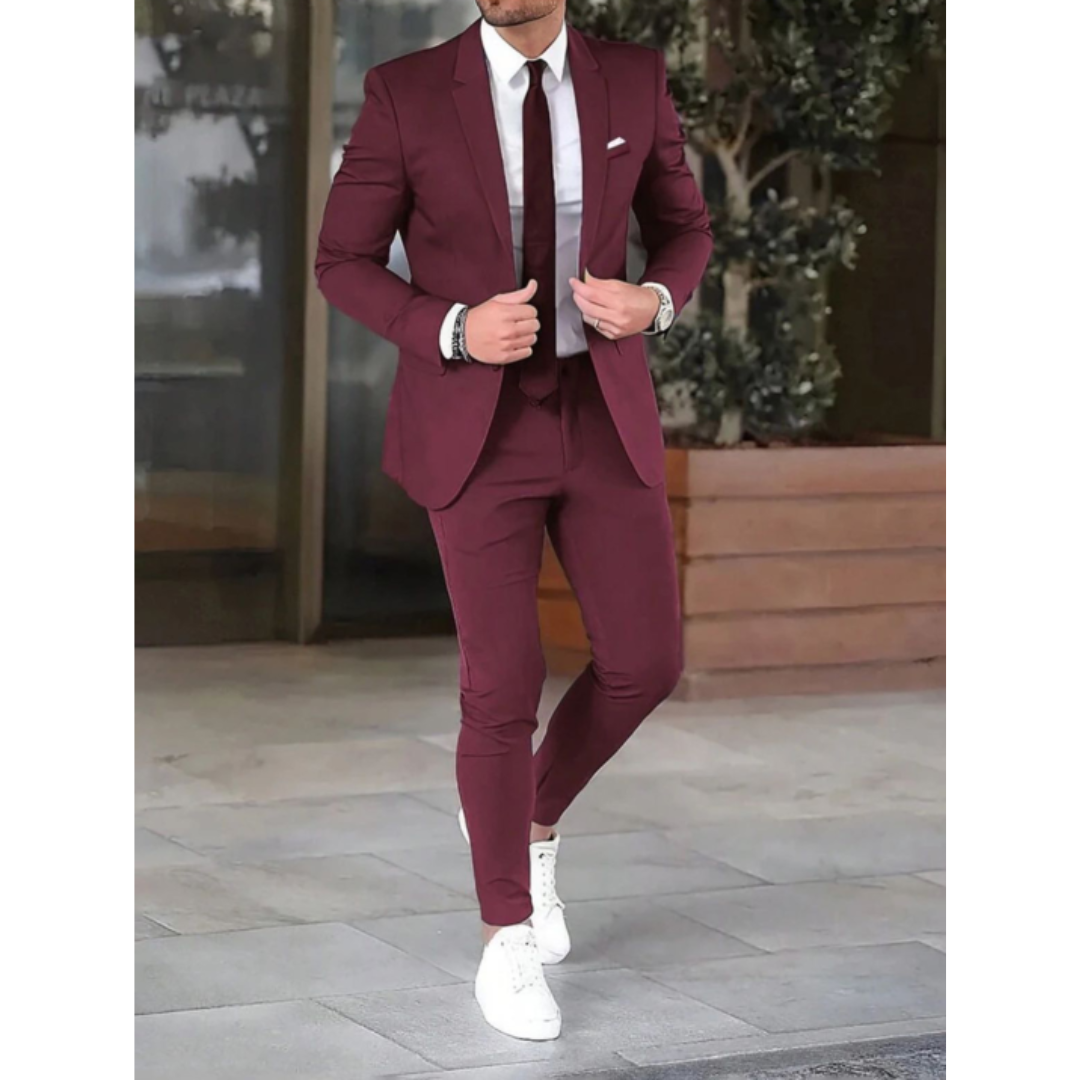 Men's two-piece suit with tailored button jacket and slim trousers