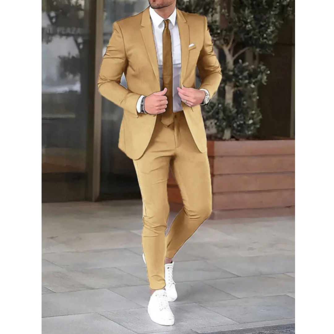 Men's two-piece suit with tailored button jacket and slim trousers