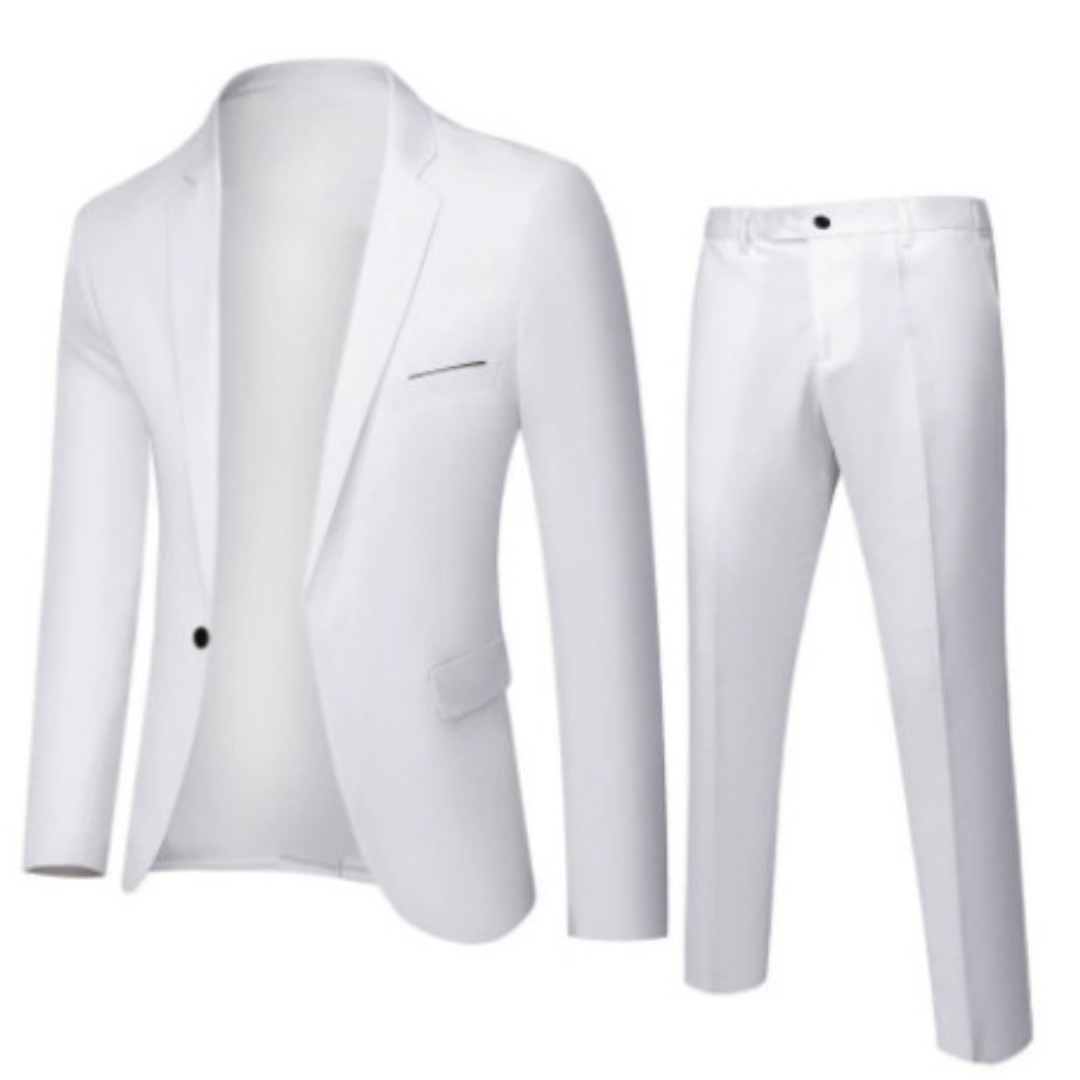Men's two-piece suit with tailored button jacket and slim trousers