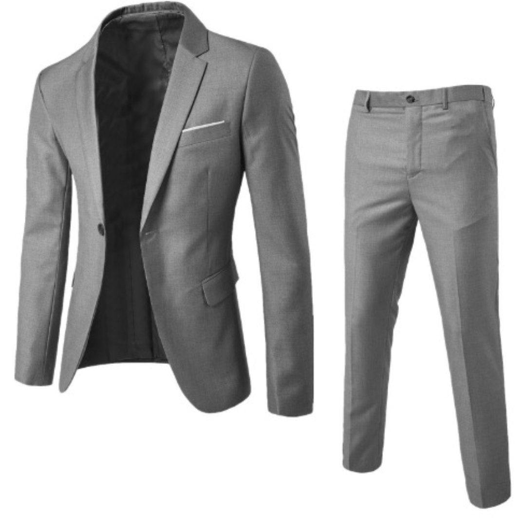 Men's two-piece suit with tailored button jacket and slim trousers