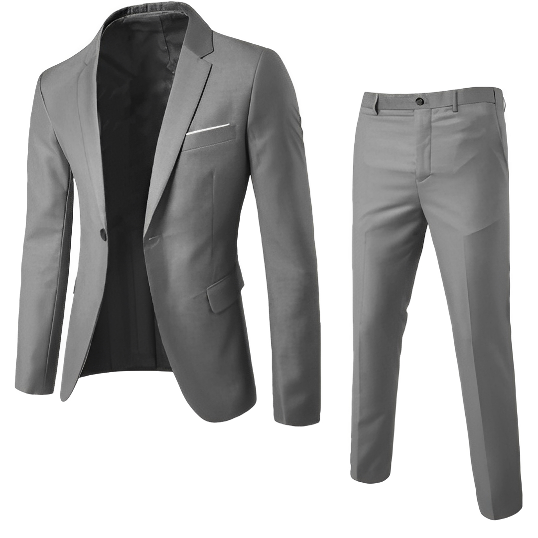 Men's two-piece suit with notch-lapel blazer, tie and matching trousers