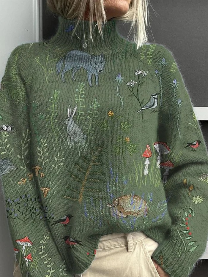 Women's long-sleeved patterned turtleneck jumper with ribbed trims