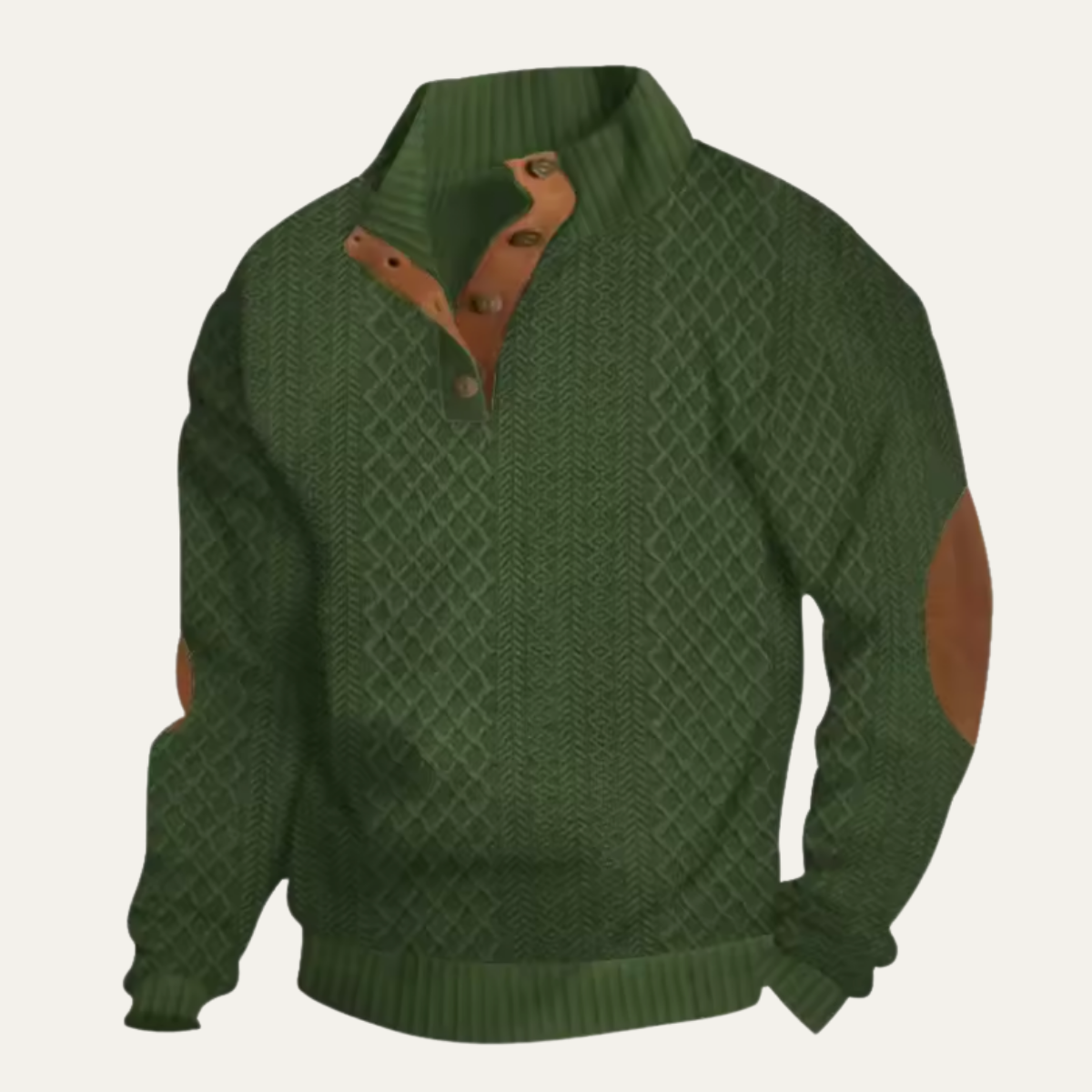 Men's textured mock neck sweater with button placket and contrasting elbow patches