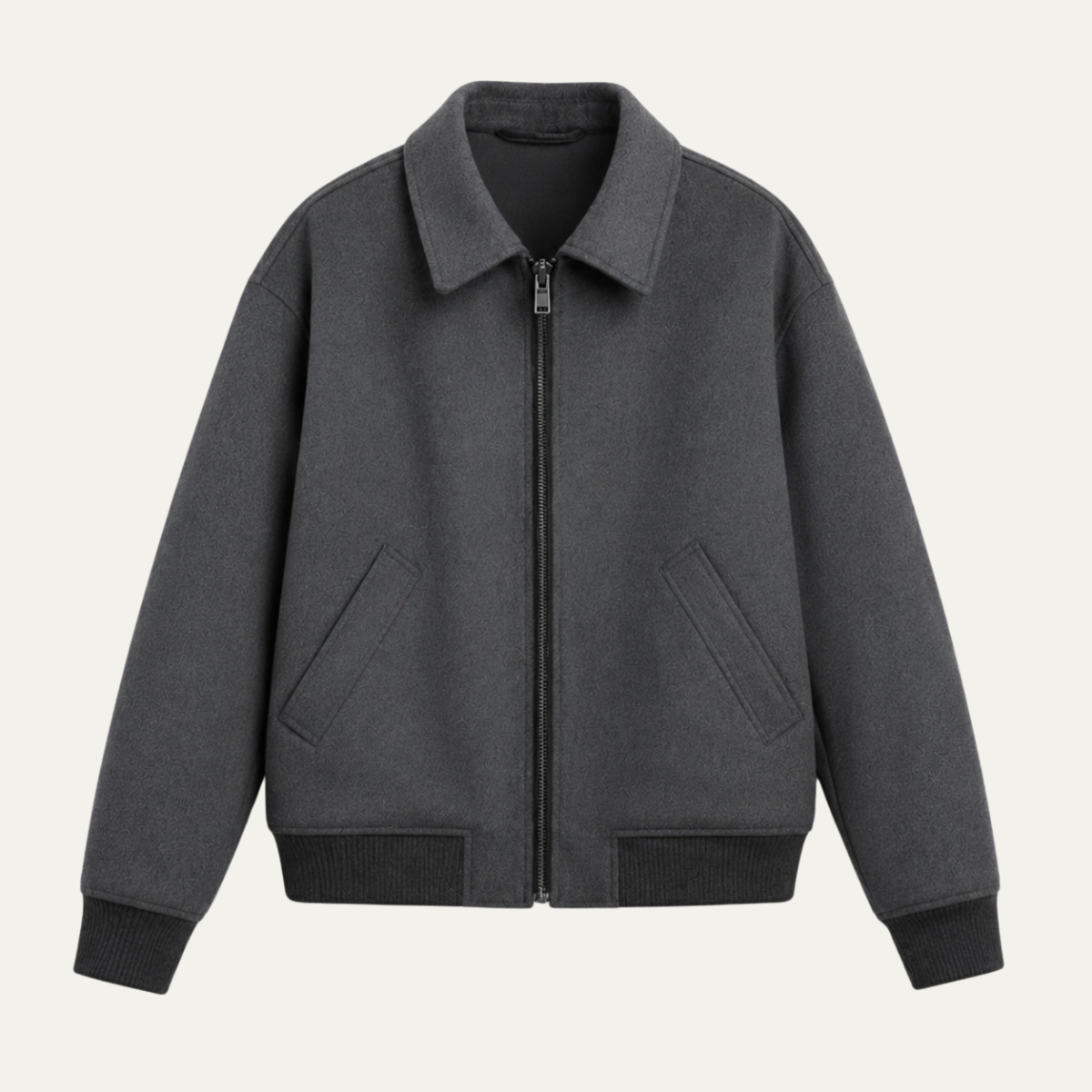 Men's textured bomber jacket with turn-down collar, zip front and ribbed trims