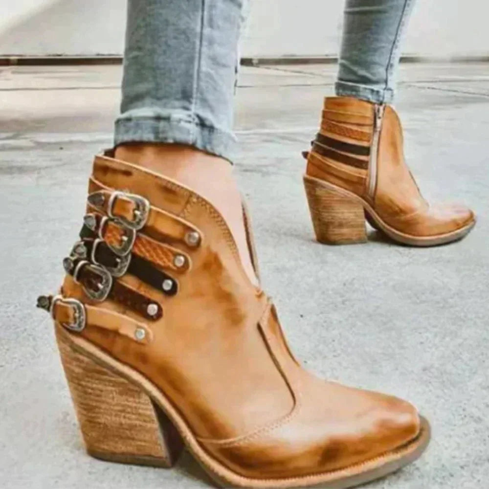 Women's ankle boots with buckle straps, pointed toes and high block heels