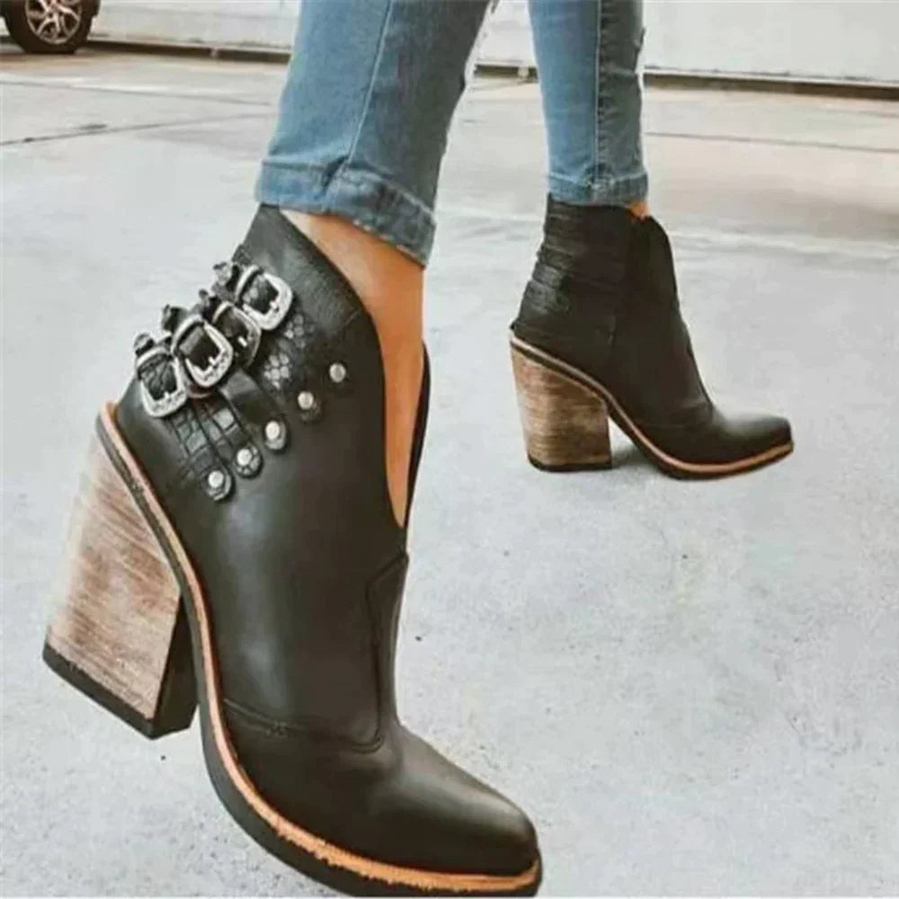 Women's ankle boots with buckle straps, pointed toes and high block heels