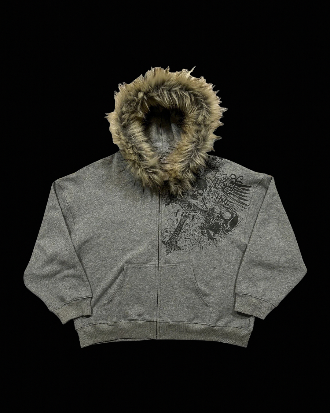 Hooded zip-up hoodie with fur-style trim and graphic front