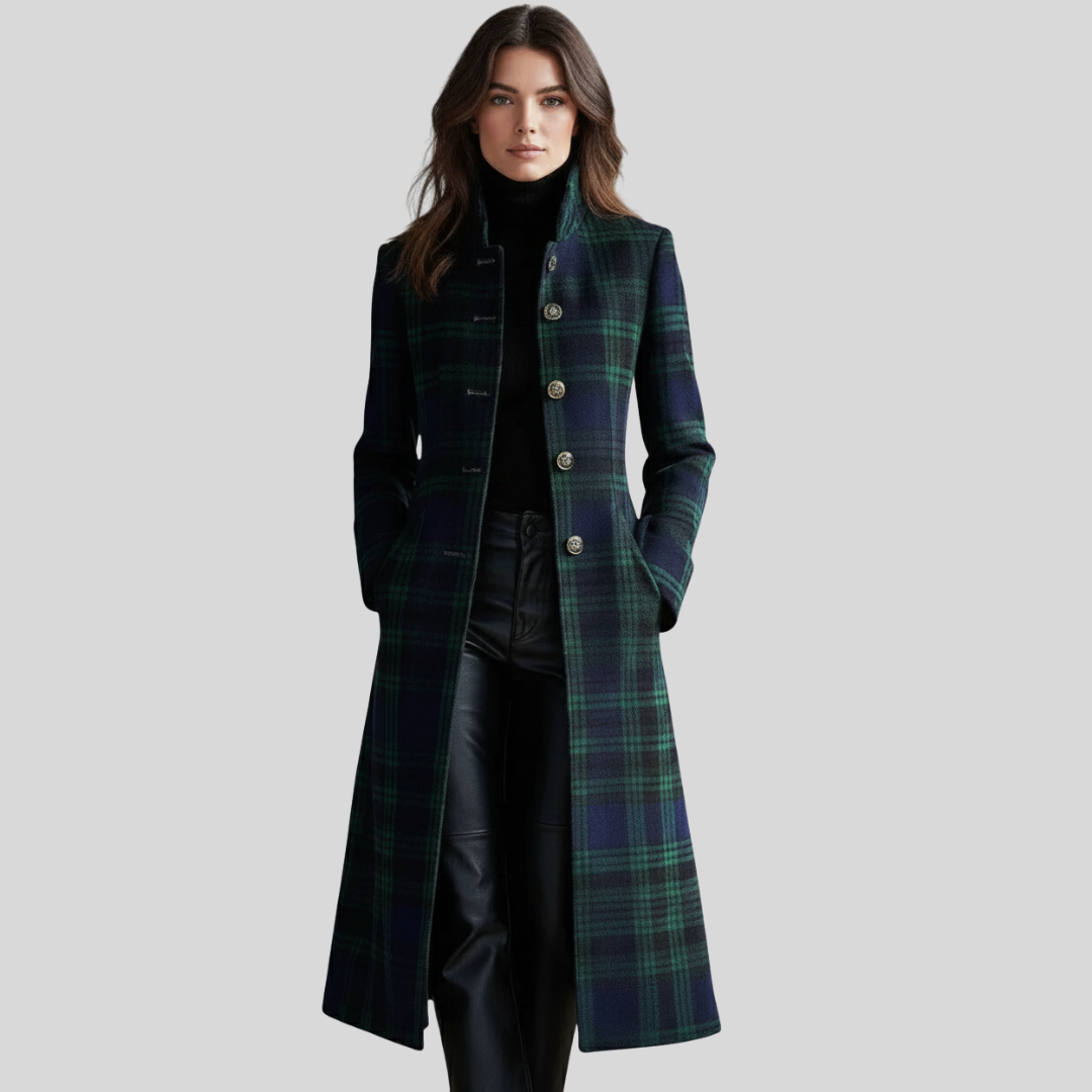 Women's dark blue and green checked longline coat with stand collar and button front