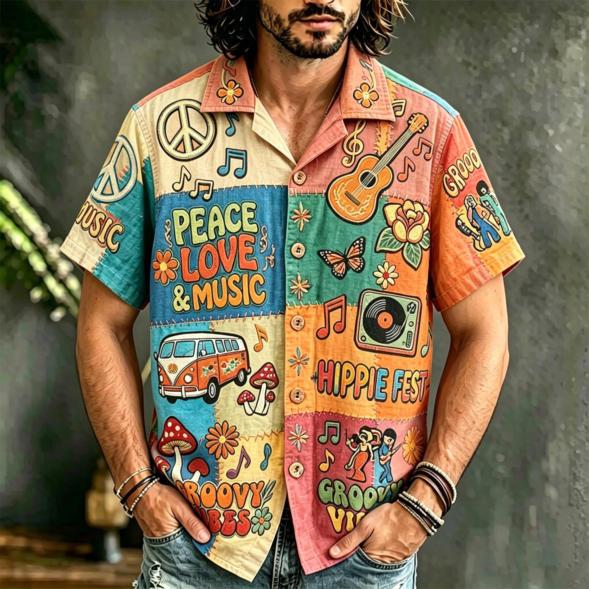 Men's short-sleeve patchwork shirt with peace, love and music illustrations