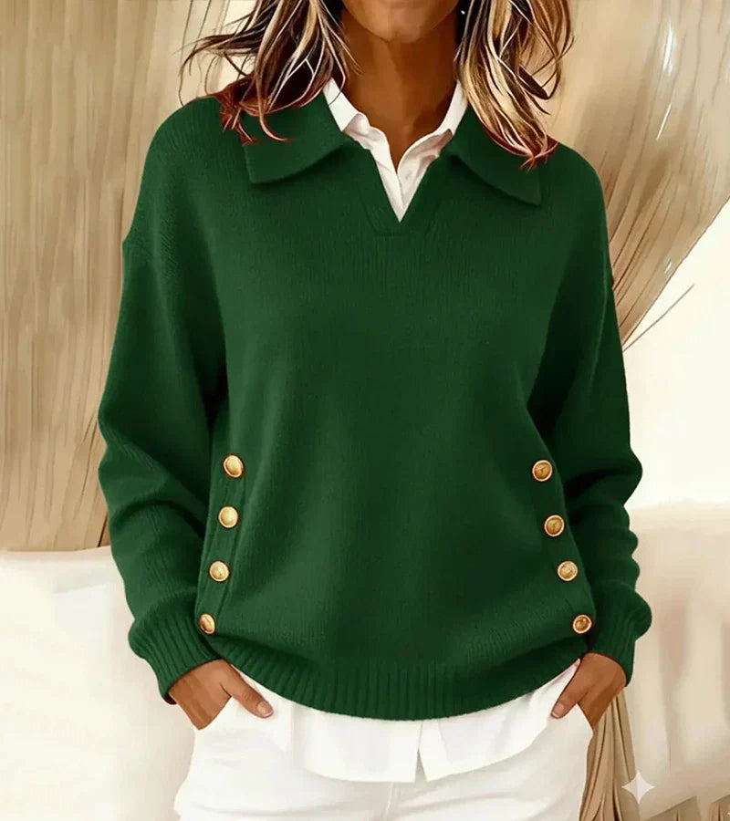 Women's collared knitted sweater with V-neck opening, long sleeves and side buttons