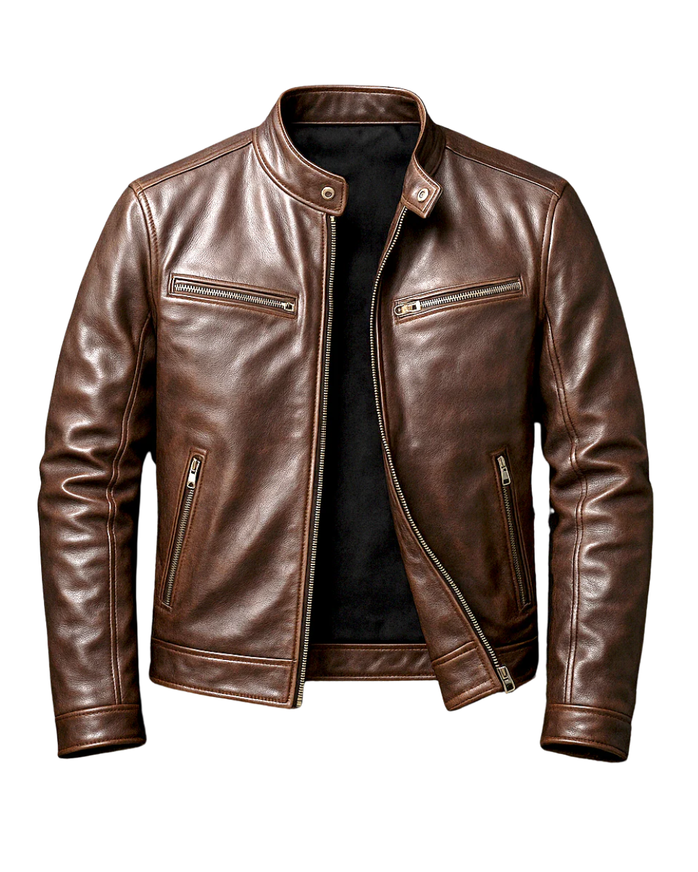 Men's structured leather jacket with stand collar, long sleeves and multiple zipped pockets