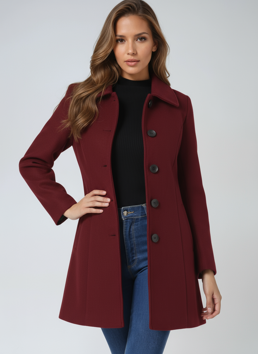 Women's tailored single-breasted trench coat with pointed collar and long sleeves