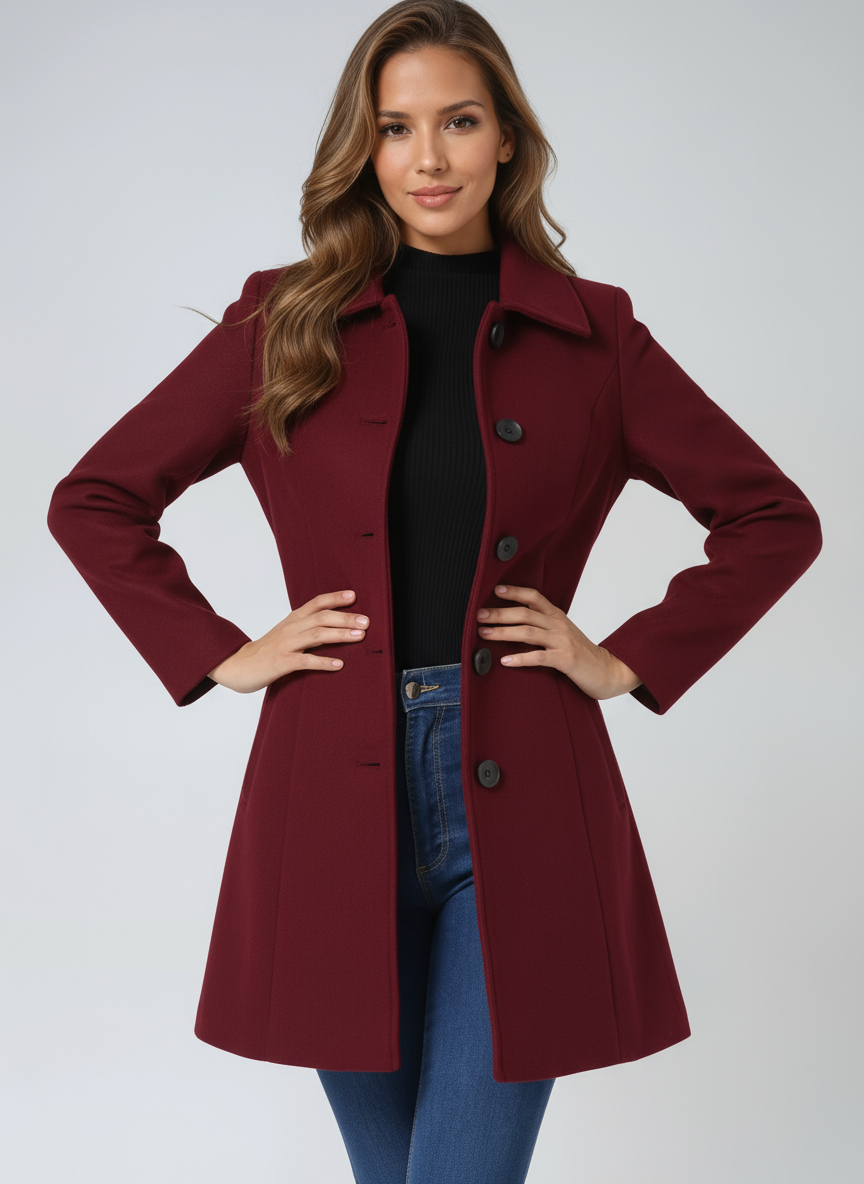 Women's tailored single-breasted trench coat with pointed collar and long sleeves