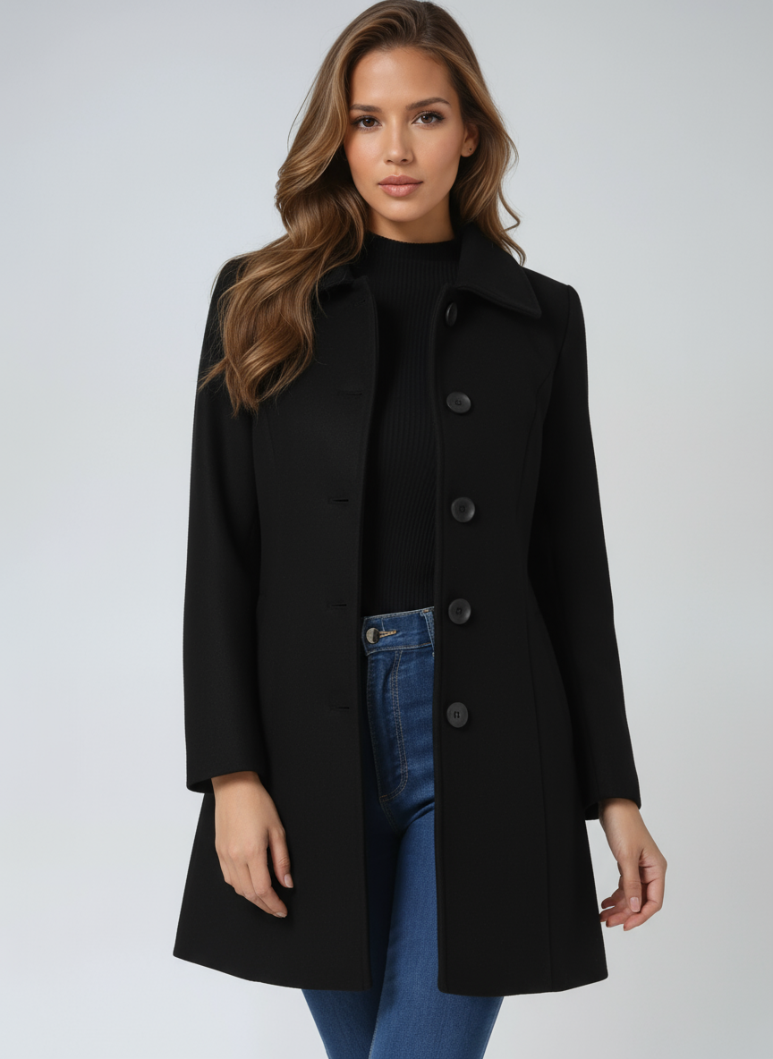 Women's tailored single-breasted trench coat with pointed collar and long sleeves