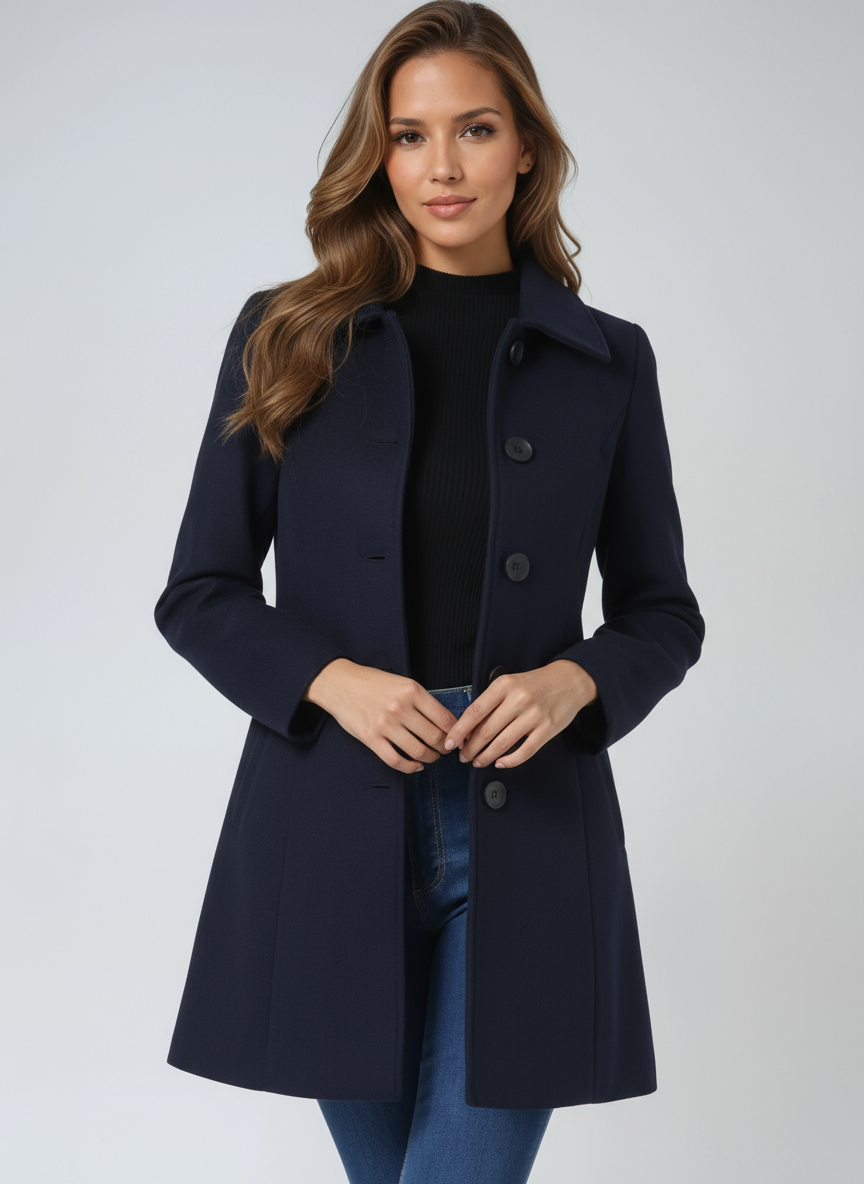 Women's tailored single-breasted trench coat with pointed collar and long sleeves