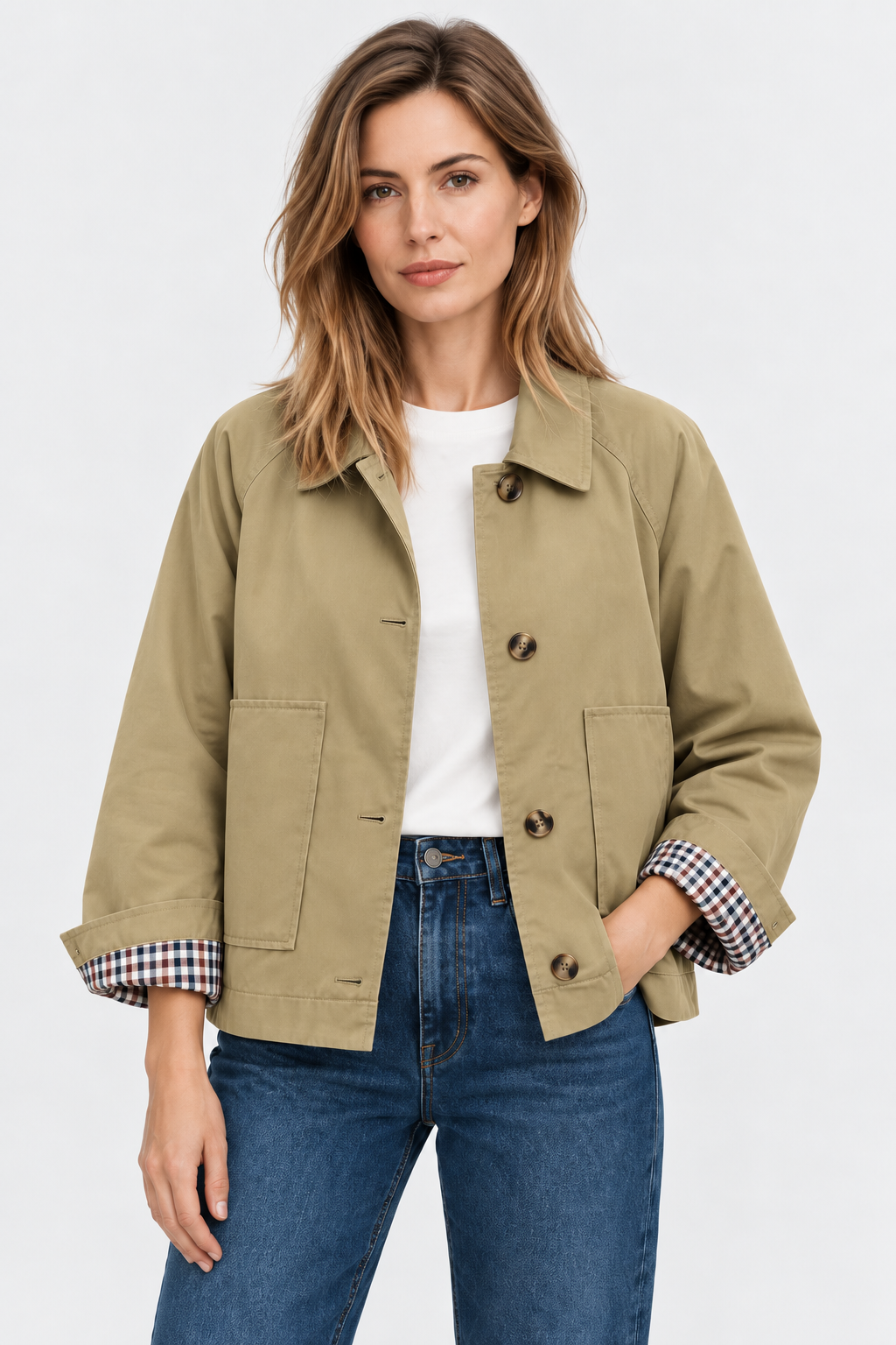 Women's short trench jacket with button front, patch pockets and checked cuff lining